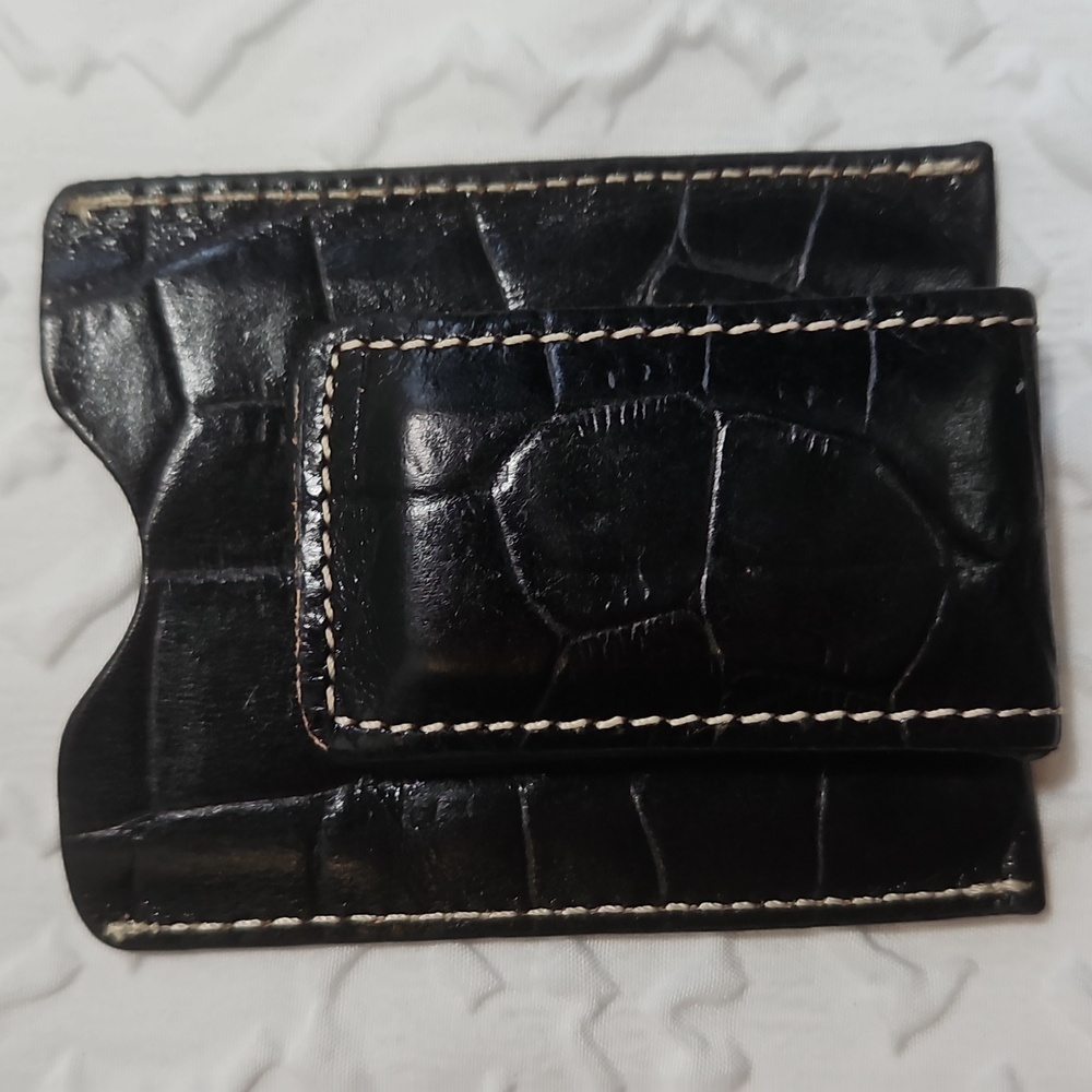 MENS BLACK LEATHER CARD CASE / CROC EMBOSSED WITH MONEY CLIP